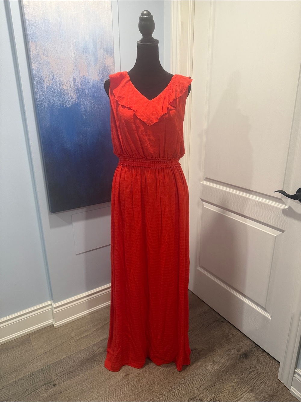 RW&CO. Bright Red Sleeveless Maxi Dress with Ruffle V-Neck - Picture 1 of 3